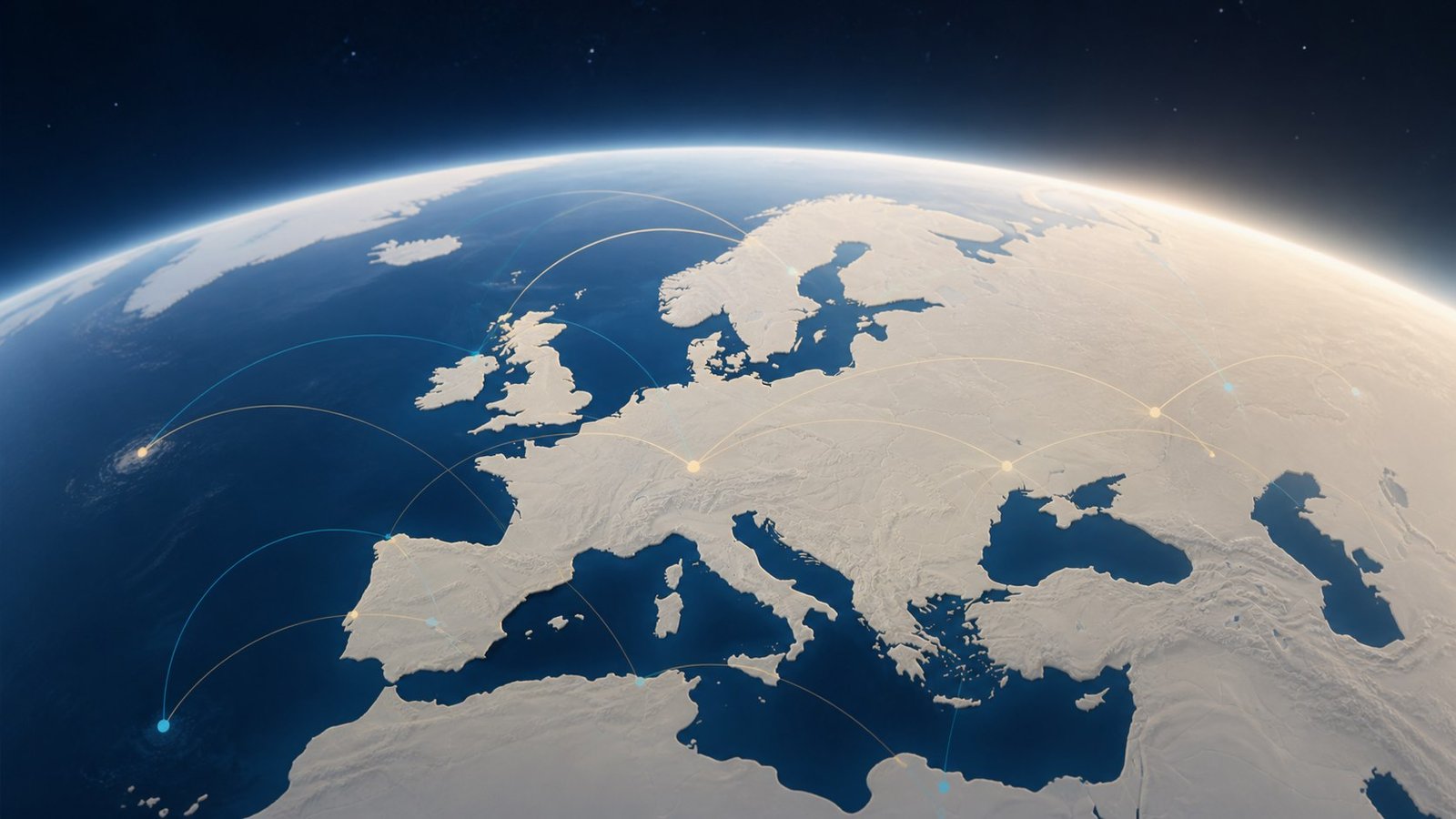 Globe view centered on Europe with international connection routes