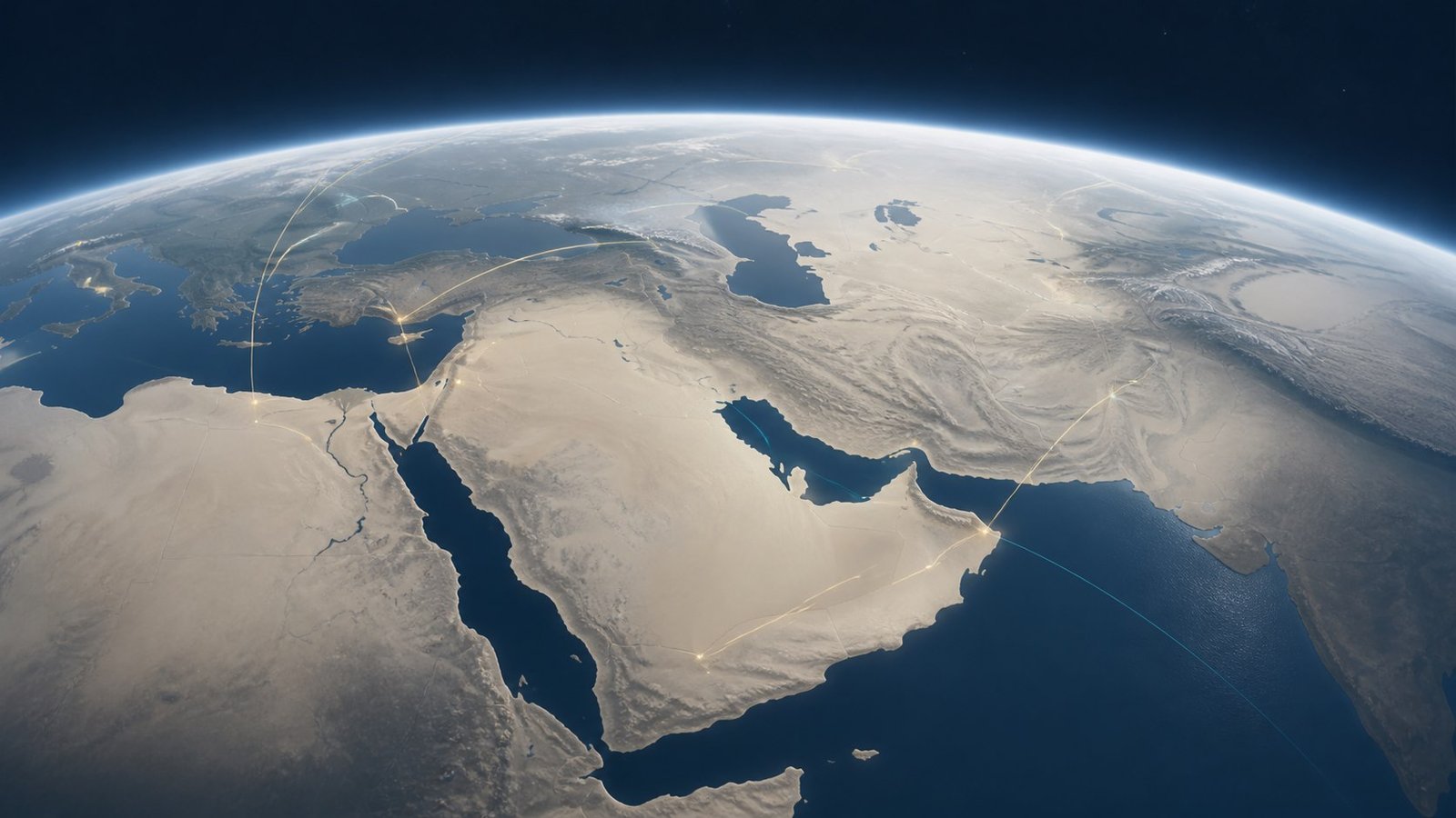 Globe view centered on the Middle East and GCC with international connection routes
