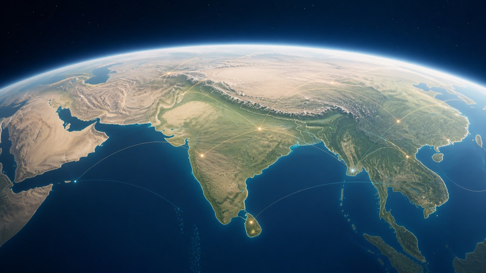 Globe view centered on South Asia with international connection routes