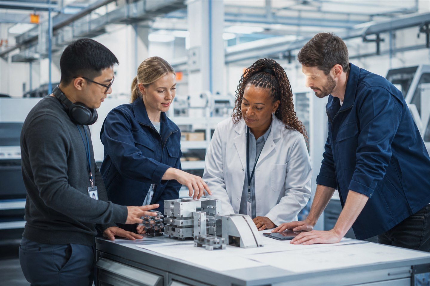 A multidisciplinary technical team collaborating in a modern workplace