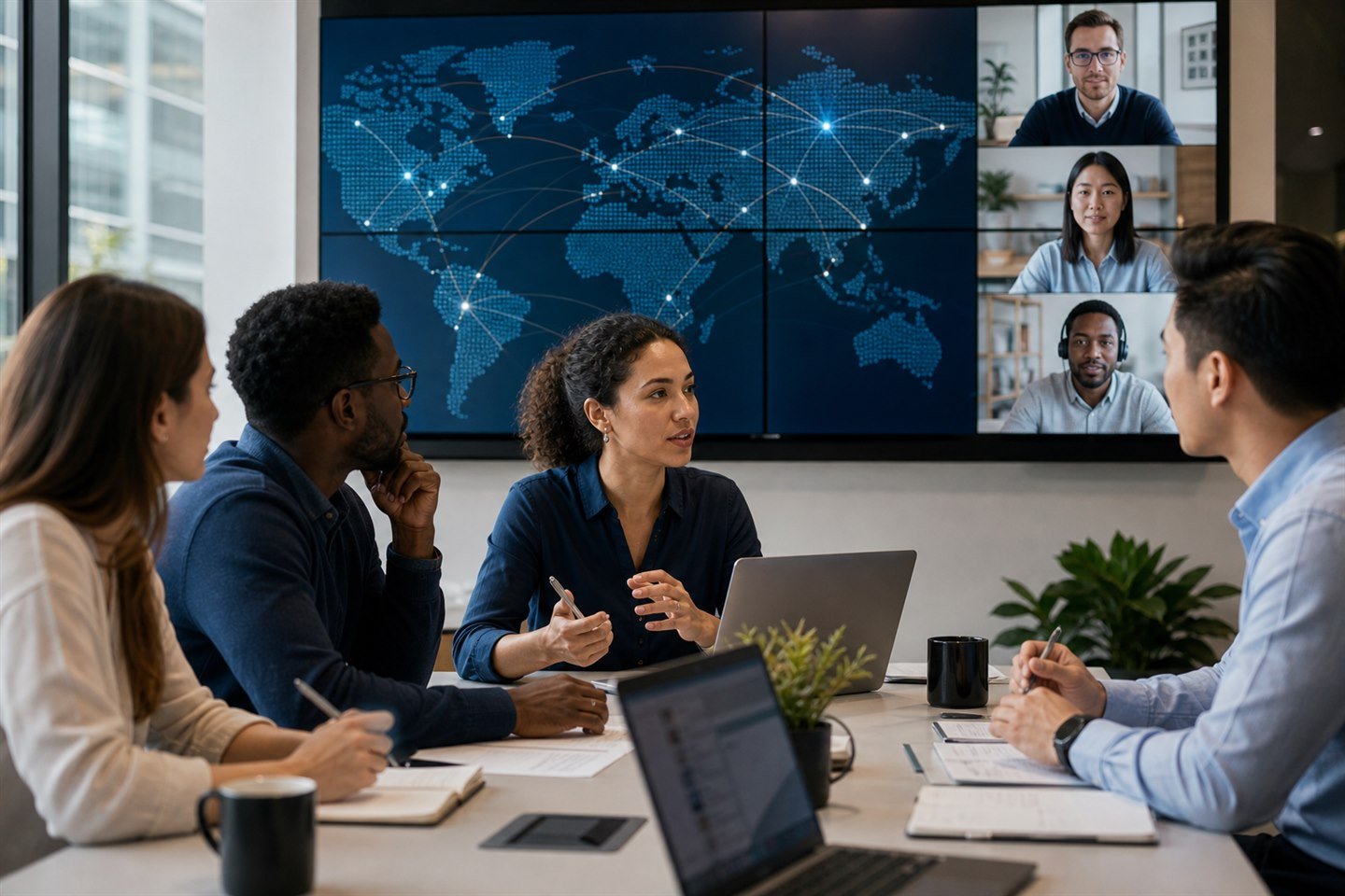 An international recruitment team coordinating a cross-border meeting