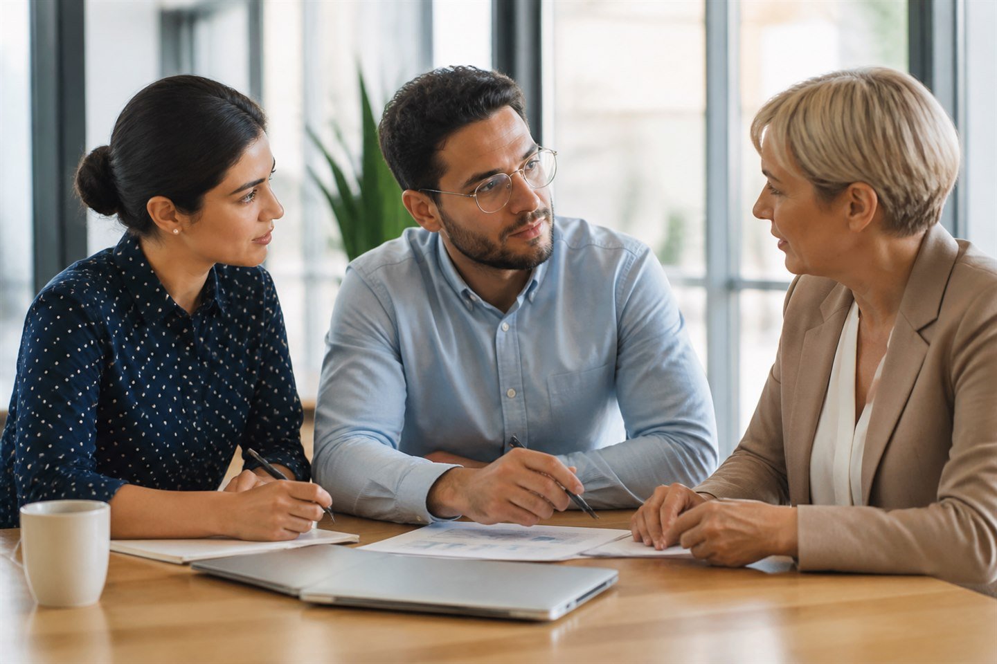 A candidate, recruiter, and employer having a productive discussion