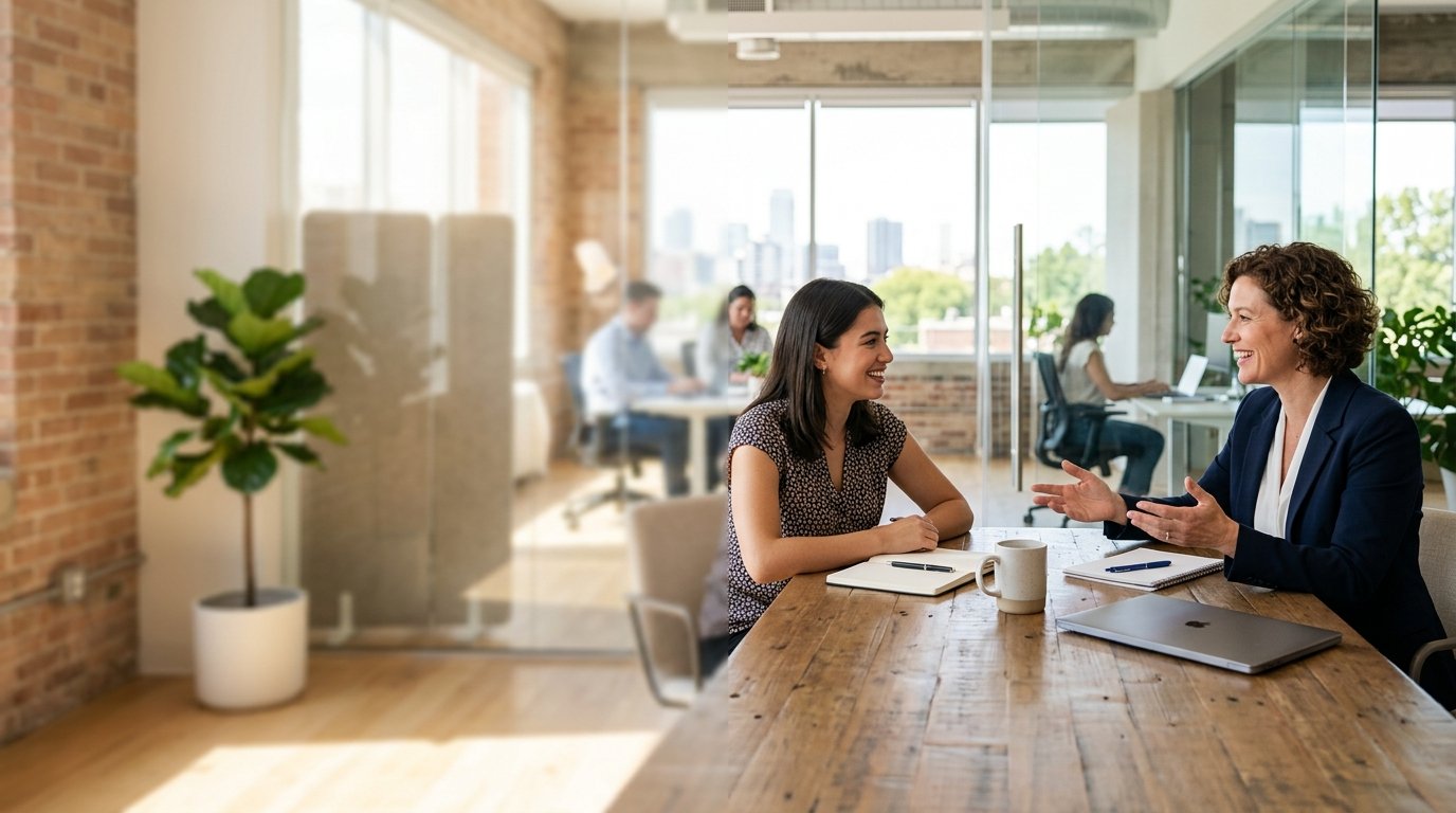 A candidate receiving thoughtful one-to-one career guidance